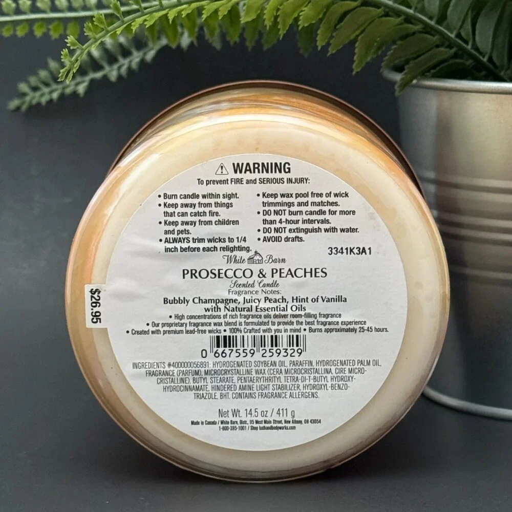 BBW Prosecco & Peaches White Barn Bath & Body Works 3 Wick Candle - Picture 9 of 10